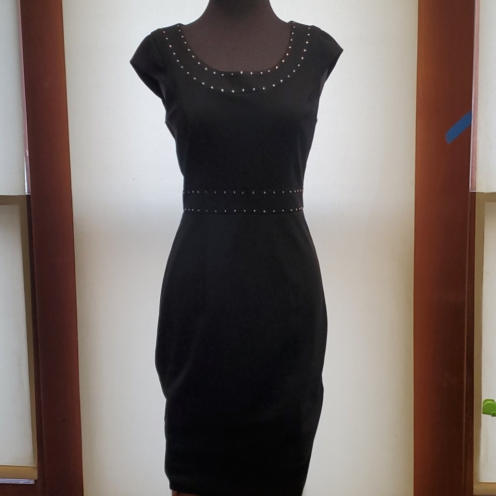 Black Silver Stud Short Sleeve Fitted Dress